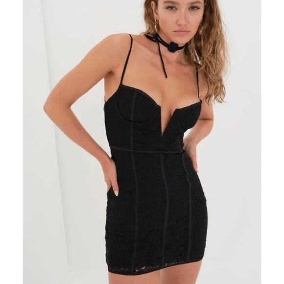 For Love And Lemons Dress Julia Mini Bodycon in Black Lace Size Large Cocktail - Picture 5 of 16